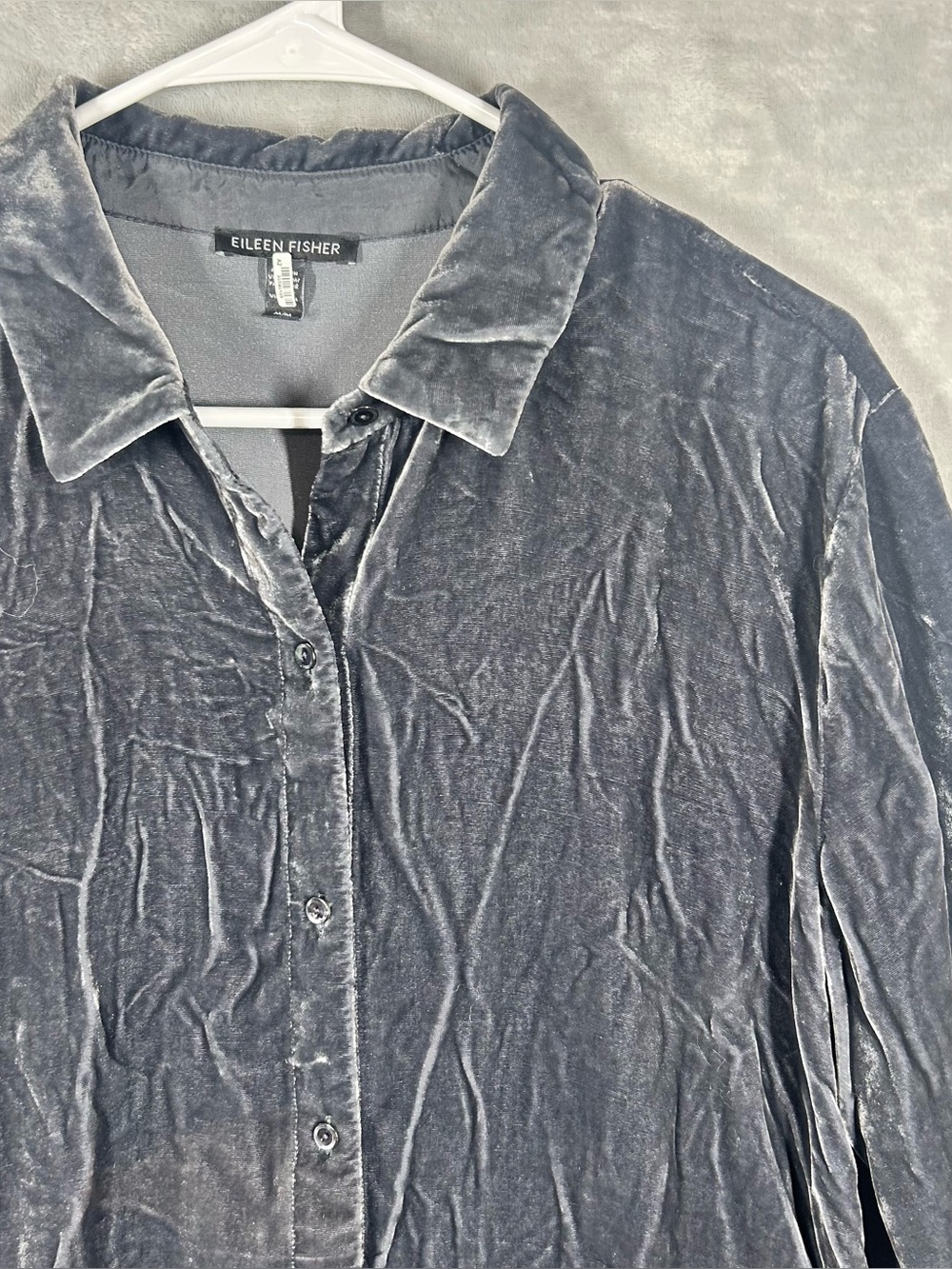 $278 Eileen Fisher Grey Velvet Silk Blend Classic Collar Long Shirt Womens M